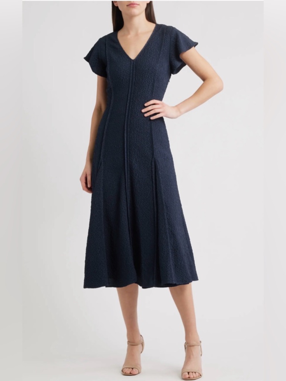Mila Mae Flutter Sleeve Jacquard Cocktail Dress Navy V-Neck Midi Dress NWOT